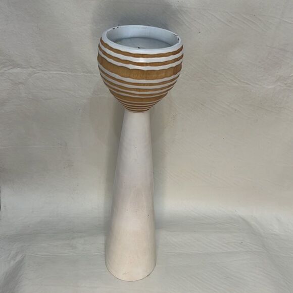 Pillar Candle Holder Handcrafted Wood White Brown 15 In Tall 3 1/2 In Round - Picture 2 of 7